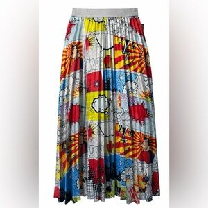 NWT Simons Muy Muy Pop Art Comic Print Pleated Midi Skirt Silver Waistband Small